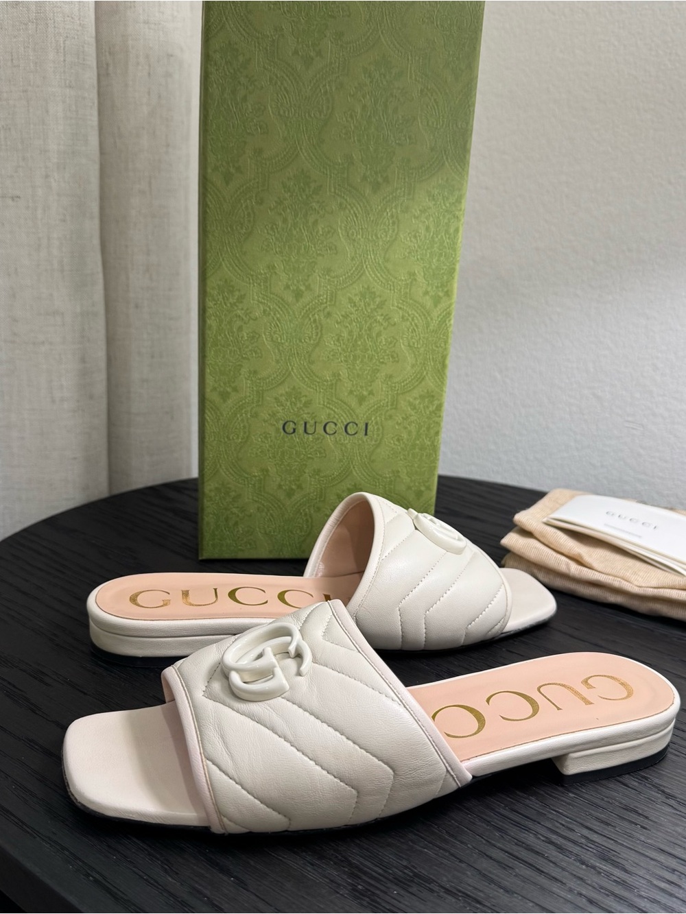 Gucci GG Marmont Slide Sandals Chevron Leather White 37 - Picture 3 of 9